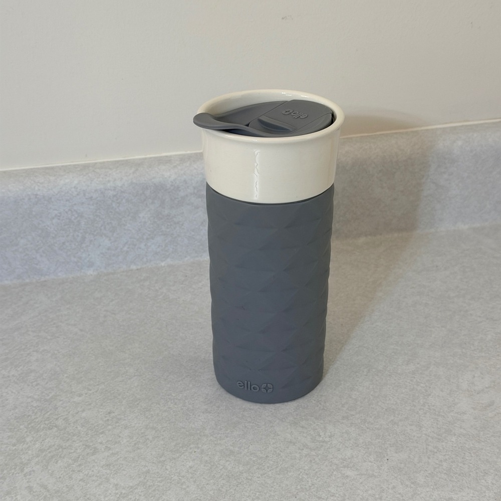 Ello 16oz Ceramic Travel Mug with Silicone Sleeve Grey White Coffee Tumbler Lid